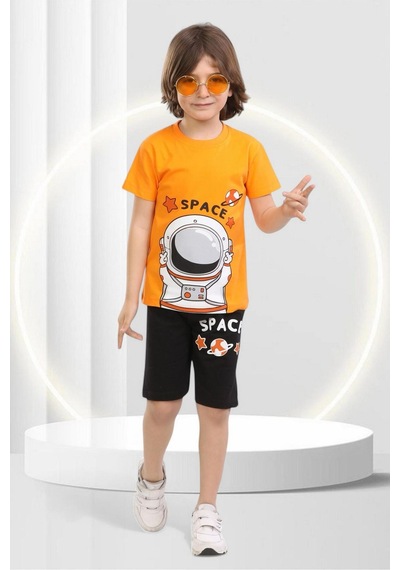 Veramoni Yazlık Çocuk Space Baskılı Kısa Kollu Bisiklet Yaka T-shirt Şort Alt Üst Takım Turuncu