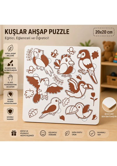 Sevimli Kuşlar Eğitici Ahşap Puzzle 20x20 Cm Beyaz Mdf Çocuk Gelişim Oyuncakları