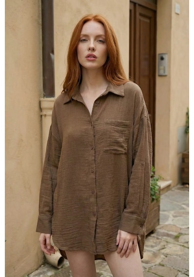 Hiccup My Fashıon Dokulu, Oversize, Düğmeli Uzun Gömlek Kahve Kahvesi