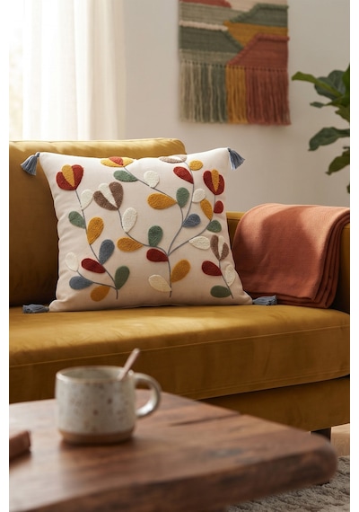 Renkli Bohem Dal Ve Yaprak Desenli Punch Nakışlı Püsküllü Pamuk Kırlent Kılıfı 42x42 Cm Bej