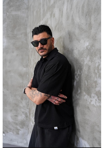 Erkek Polo Yaka Oversize T-shirt SIYAH