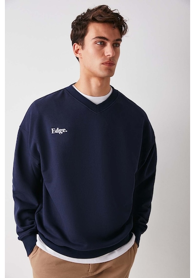 Grımelange Off Erkek Organik Pamuklu Yazı Nakış Detaylı V Yakalı Içi Polarsız Oversize Lacivert Sweatshirt