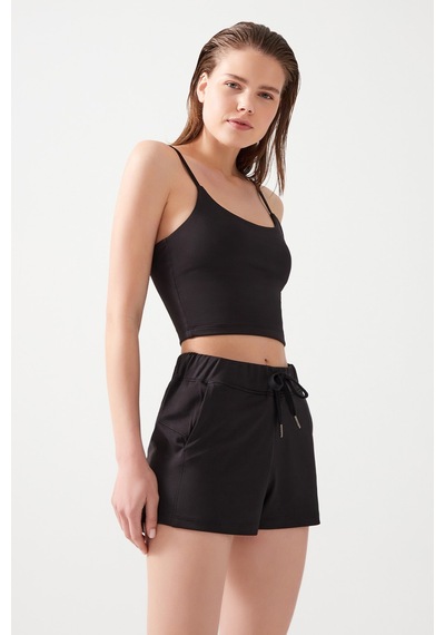 Los Ojos Kadın Siyah Cepli Beli Lastikli Basic Fit Spor Şort Shorts Siyah