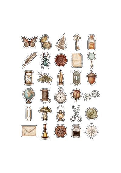 30 Adet Vintage Antika Obje Sticker Seti - Scrapbook Ajanda Defter İçin Çok Renkli