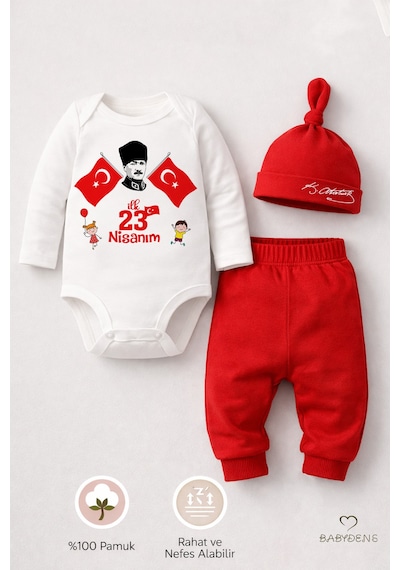 Babyden's İlk 23 Nisan Bayramı Bebek Takımı Atatürk Baskılı %100 Pamuk Uzun Kollu Body Pantolon Şapka Seti Kırmızı - Beyaz Babyden's İlk 23 Nisan Bayramı Bebek Takımı Atatürk Baskılı %100 Pamuk Uzun Kollu Body Pantolon Şapka Seti Kırmızı - Beyaz