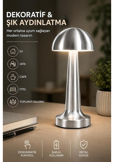 Şarjlı Dokunmatik Metal Masa Lambası Silver 3 Renk Işık, Ayarlanabilir Parlaklık, Kablosuz Led Gece Lambası Ev, Ofis, Kafe, Restoran Ve Yatak Odası Dekoratif Aydınlatma Diğer