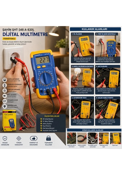 Çok Fonksiyonlu Dijital Multimetre Dc Voltaj- Akım- Direnç- Diyot- Transistör- Kısa Devre- Ölçüm Diğer