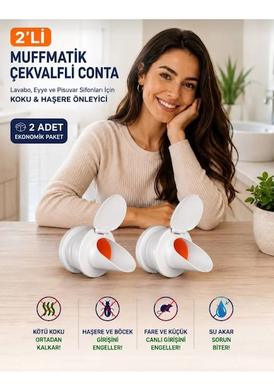 Eskaya 2'li Muffmatik Çekvalfli Conta - Lavabo Evye Pisuvar Sifonu Koku Ve Haşere Önleyici Çekvalf - 2 Adet Ekonomik Paket Beyaz