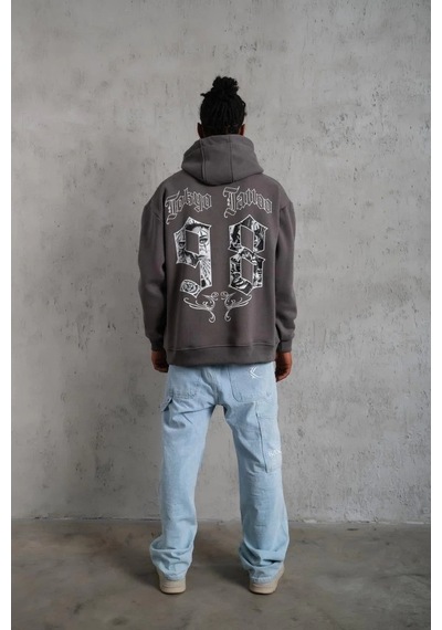 Erkek 3 İplik Pamuklu Kapüşonlu Baskılı Cepli Oversize Sweatshirt Hoodie - Gri