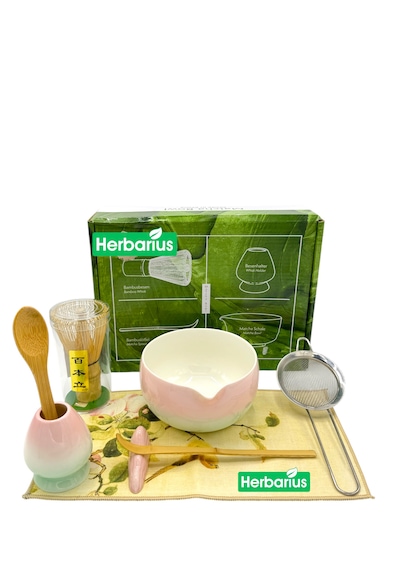 Herbarius 8 Parça Pastel Pembe Mint Geçişli Parlak Beyaz Renk Matcha Çayı Hazırlama Seti - Geleneksel Japon Matcha Seti Pastel Pembe Mint Geçişli Beyaz