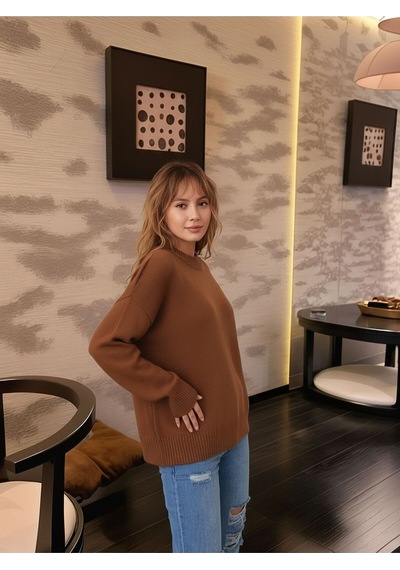 Mamayaga Kadın Dik Yaka Basic Uzun Kol Büyük Beden Curve Uyumlu Spor Şık Triko Kazak Kahverengi