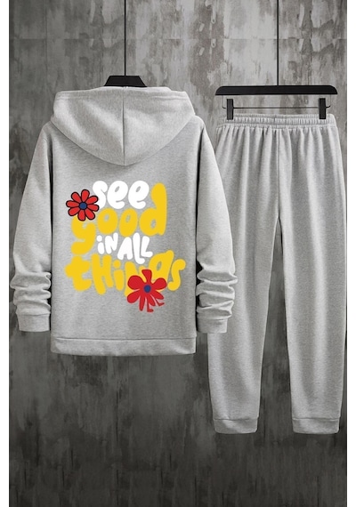 Uyguntarz Unisex Good Things Baskılı Eşofman Takımı Gri