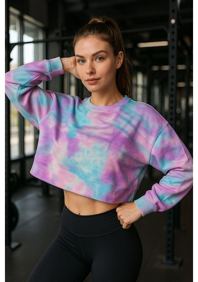 Kadın Batik Desen Renkli Crop Oversize Relaxed Uzun Kollu Sweatshirt Çok Renkli