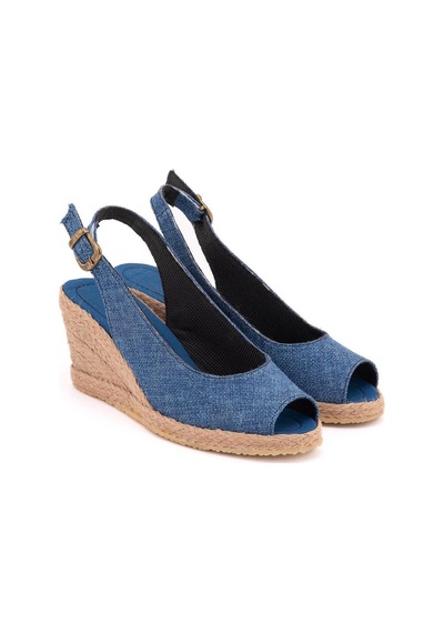 Gerçek Elişi Burnu Açık Arkası Bantlı Dolgu Topuk Mavi Keten Hasır Espadril Handmade Saks Mavi