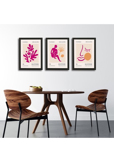 Henri Matisse 3'lü Alüminyum Çerçeveli Poster Seti - Önden Açılır A3 Açılır Kapanır Çerçeve Seti Fuşya Pembe Soyut Figürler, Siyah