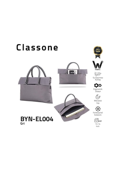 Classone Byn-el004 Wtxpro Su Geçirmez Kumaş 13-14 İnch Bayan Laptop, Notebook, Apple Uyumlu MacBook Air El Çantası- Tote Bag - Gri