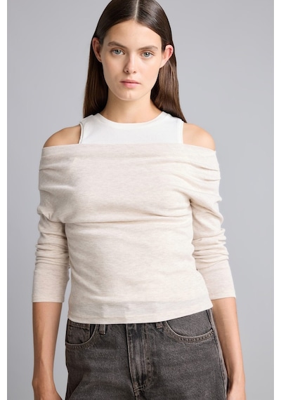 Defacto %100 Pamuk Slim Fit Tek Omuzlu Drape Detaylı Ribana Uzun Kollu Basic Tişört I2636ax26aubg354 Bej-bg354