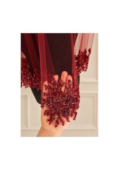 Bordo Gelin Örtüsü Işıl Cam Boncuk İşlemeli Kına Gecesi Örtüsü 4 Parça Bordo - 922508644