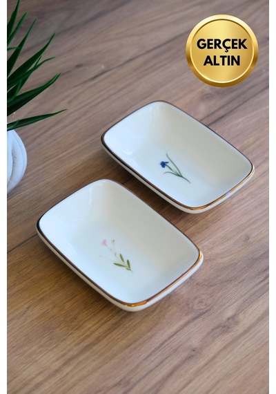 Tabak Evi Porselen Natura Karma Altın Yaldızlı Dikdörtgen Kayık Tabak 12x8,50cm 2 Parça Çok Renkli