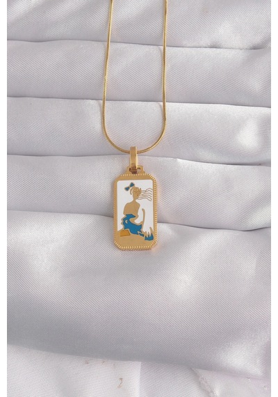 Buğz 316l Çelik Gold Renk Beyaz Mineli Kız Figür Tarot Kolye Diğer