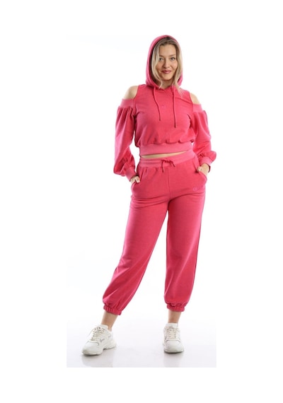 Kadın Kapüşonlu Omuz Dekolteli Sweatshirt Pembe