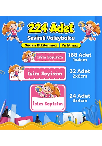 Voleybol Temalı Okul Kreş Kişiye Özel İsim Etiket Seti - Model 541 Çok Renkli