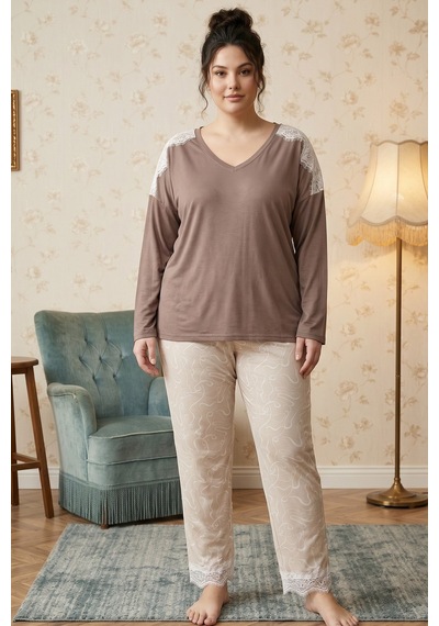 Siyah İnci Vizon Büyük Beden Battal Boy Viskon Örme Pijama Takım 26224852
