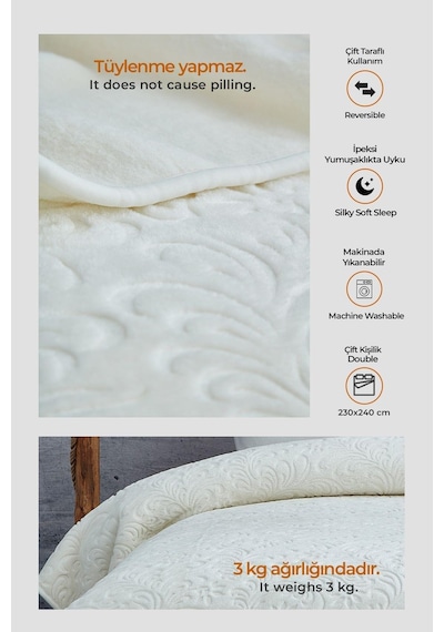 Evlen Home 3 Kg Embos Baskılı Pamela Kalın Çift Kişilik Battaniye 230x240 Cm Krem Krem