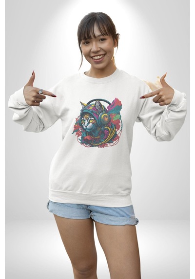 Kulaklık Kedi Müzik Tekir Unisex Beyaz Baskılı Sweatshirt Beyaz