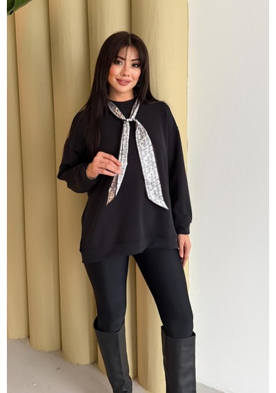 Balenbi Premium Modal Fular Detaylı Bisiklet Yaka Oversize Tunik 1177 Siyah
