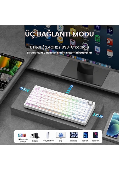 Aula F75 Mekanik Rgb Tkl Seiya Switch Kablosuz Makrolu Hot Swap Klavye Desenli Beyaz