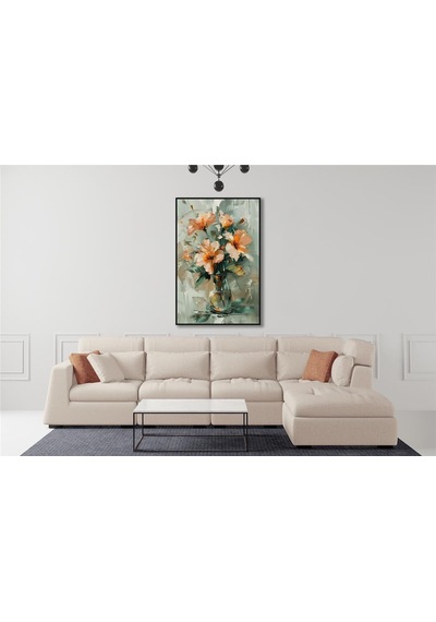 Yağlı Boya Dokulu Tablo Vazoda Modern Çiçekler Siyah Çerçeveli U02055-178908