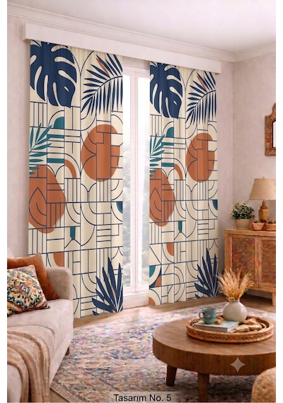 Modern Vintage Desenli Fon Perdesi 140x260 Cm 2 Kanat Dekoratif Dijital Baskılı Premium Salon Oturma Odası Yatak Odası Pencere Perdesi Bej