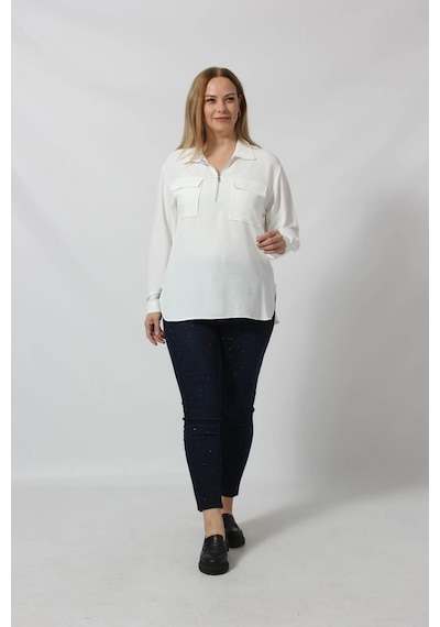 Moda Berray 3055 Yaka Fermuarlı Yandan Yırtmaçlı Gömlek Beyaz