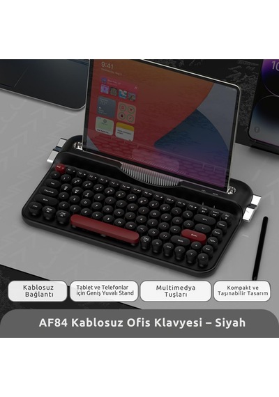 Kablosuz Bluetooth & 2.4g Çift Modlu Retro Daktilo Tasarımlı Klavye Yuvarlak Tuşlu, Tablet & Telefon Standlı, Ergonomik, Taşınabilir, Pille Çalışan, Sessiz Ve Konforlu Ajazz Af84 Siyah Kablosuz Bluetooth & 2.4g Çift Modlu Retro Daktilo Tasarımlı Klavye Yuvarlak Tuşlu, Tablet & Telefon Standlı, Ergonomik, Taşınabilir, Pille Çalışan, Sessiz Ve Konforlu Ajazz Af84 Siyah