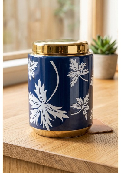 Blue Fall Silindir Vazo 15x15x21 Cm Premium Seramik Dekoratif Kutu Ve Vazo Saks Mavisi & Gold Çok Renkli