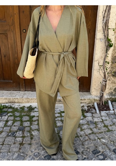 Laluvia Haki Tek Düğmeli Kuşaklı Kimono Takım - 007