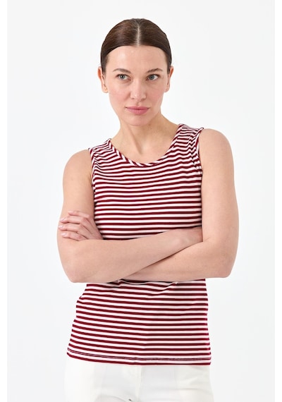 Kadın Sıfır Yaka Çizgili Askılı Penye T-shirt Kırmızı Kirmizi