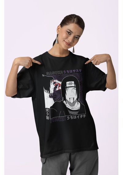 Sevbano Tasarım Sasuke Itachi Uchiha Baskılı Unisex Oversize Naruto Anime Siyah