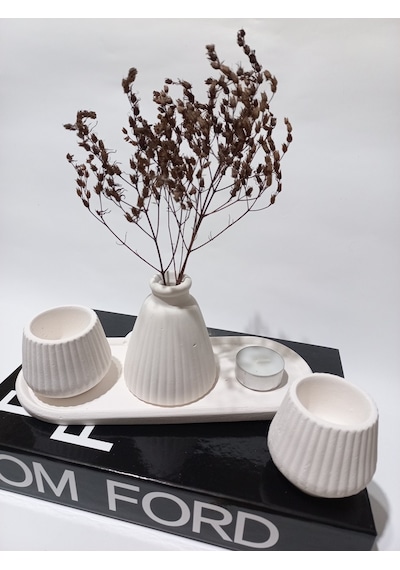 Pampas Vazolu Tabaklı İkili Tealight Mumluk Set Beyaz