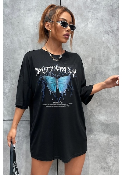 Unisex Blue Butterfly Baskılı Kısa Kol T-shirt SIYAH