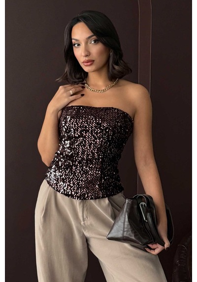 Verymoda Arkadan Fermuarlı Straplez Payet Bluz F2056 Kahve