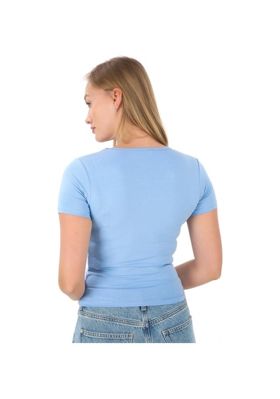 V Yaka Slim Fit Crop Tişört-mavi Mavi