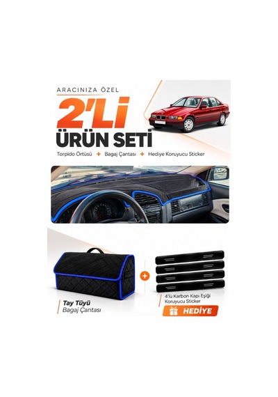 Bmw 3.20i E36 Aırbagsiz 1990-2000 Uyumlu Torpido Örtüsü + Tay Tüyü Çanta Seti - Siyah Mavi