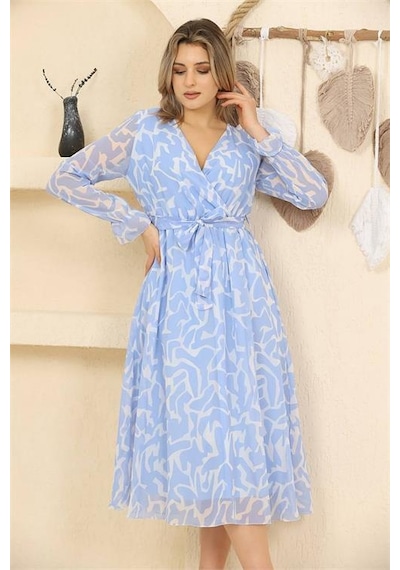 Dip Moda Kadın Midi Boy Desenli Şifon Elbise Dprssn32 Mavi