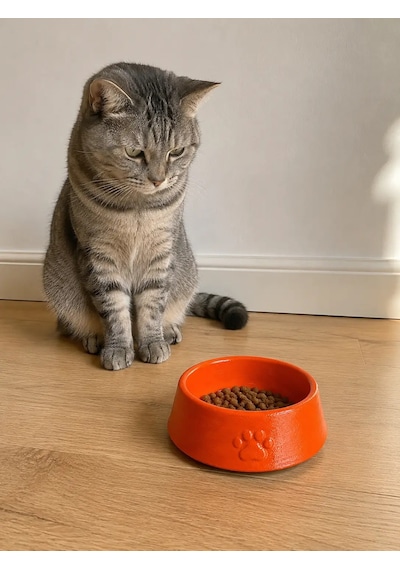 Pati Desen Model Beton Kedi Köpek Mama Ve Su Kabı 13 Cm Çap X 4 Cm - Turuncu