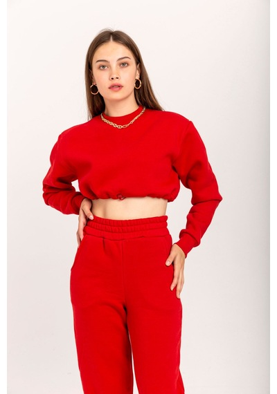 Kaktüs Moda Şardonlu 3 İplik Kumaş Uzun Kol Kadın Sweatshirt Kırm