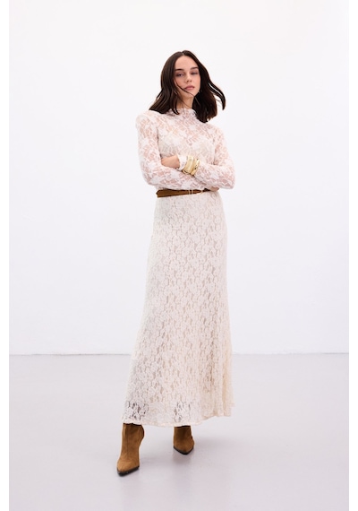 Sateen Dantelli Uzun Etek - Bej-136892 Bej