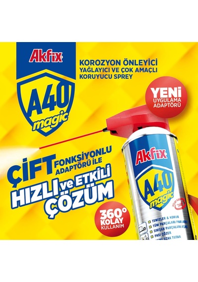 Akfix A40 Magıc Pas Sökücü Nemi Engeller Gıcırtıları Keser Korozyonu Önler Yağlar İki Fonksiyonlu Başlık 400 Ml 1 Adet Akfix A40 Magıc Pas Sökücü Nemi Engeller Gıcırtıları Keser Korozyonu Önler Yağlar İki Fonksiyonlu Başlık 400 Ml 1 Adet