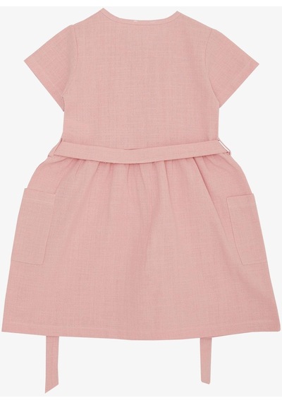 Breeze Kız Çocuk Keten Elbise Düğmeli Yanları Cepli 6-12 Yaş, Pembe-pembe Pembe